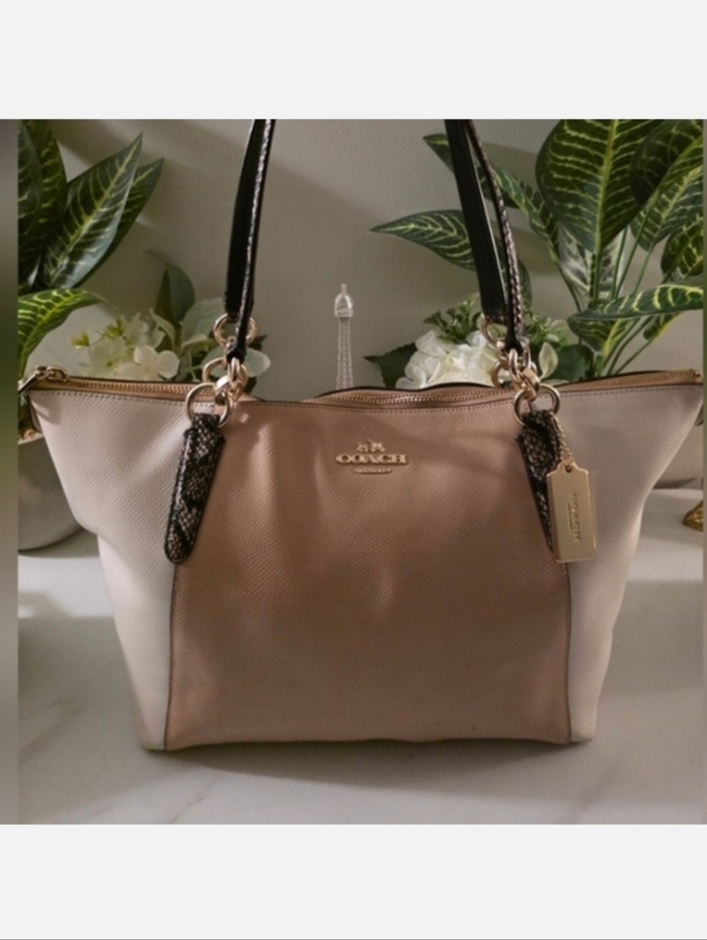 Coach Two-Tone Pebbled Leather Tote - Taupe & Cream